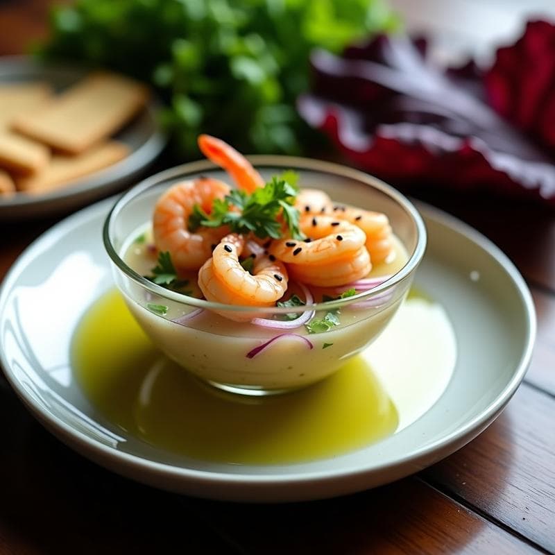 Ceviche de Camarón con Pera y Vinagreta de Wasabi: Receta Fusion Japón-Perú en 12 Minutos