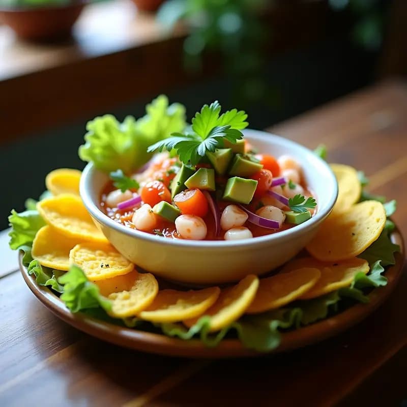 Ceviche de Camarones con Aguacate y Chips de Plátano Verde: Receta Ecuadoriana Crujiente