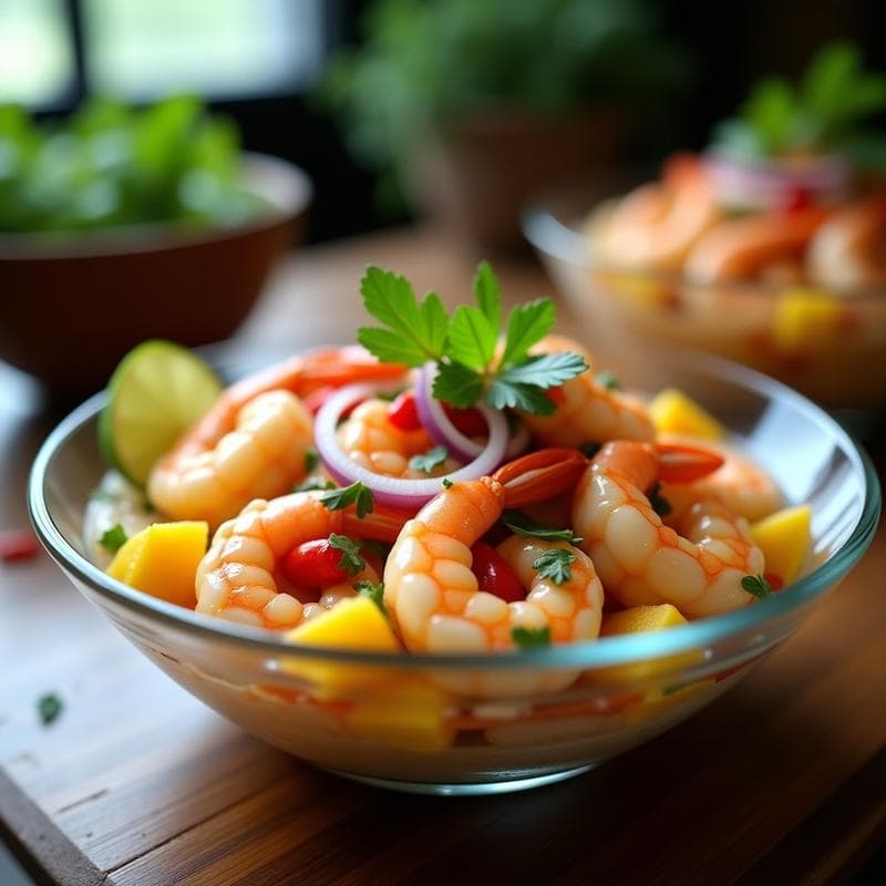 Ceviche de Camarones al Coconut Milk con Mango y Chile: Receta Tailandesa en 15 Minutos