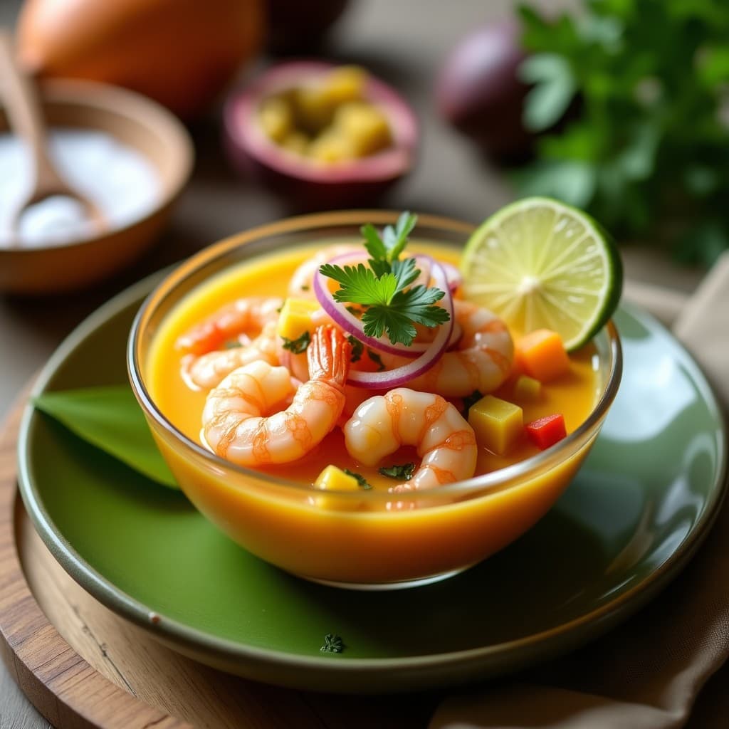 Ceviche de Camarones con Leche de Tigre de Noní y Maracuyá: Receta Hawaiiana Fusion Sin Gluten