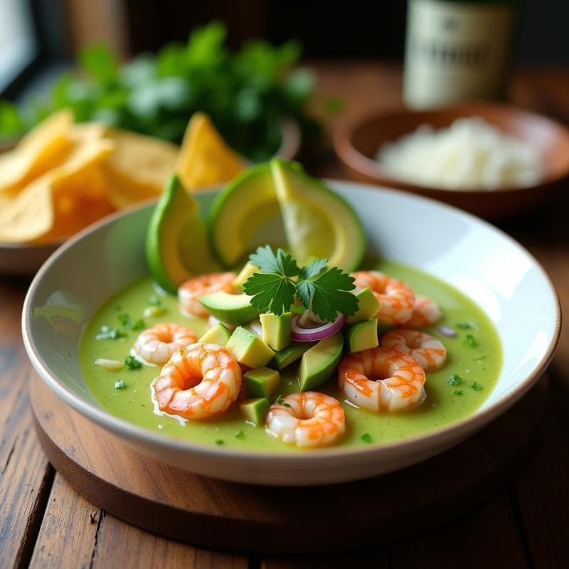 Ceviche de Camarones y Leche de Tigre Verde: Receta Peruana con Aguacate y Cilantro