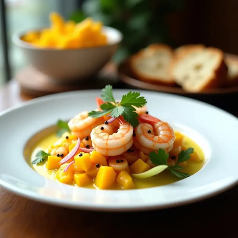 Ceviche de Camarones con Leicester y Mango: Receta Peruana Gourmet con Toque Británico