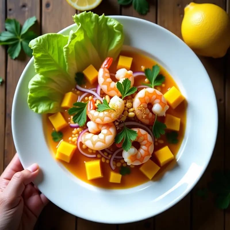 Ceiche de Camarones al Limón con Leche de Tigre de Mango: Receta Peruana con Toque Tropical