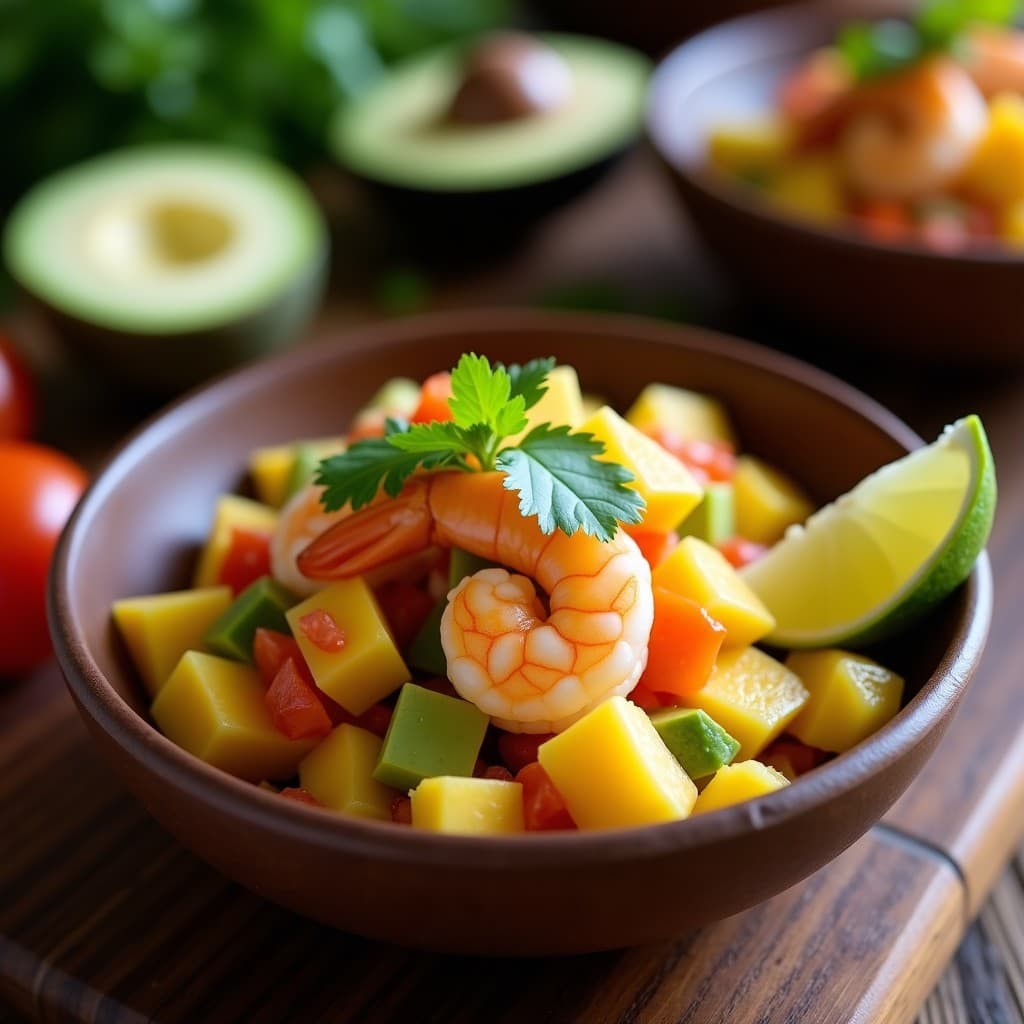 Ceviche de Camarones con Mango y Aguacate en Cazuela de Coco: Receta Peruana Gourmet