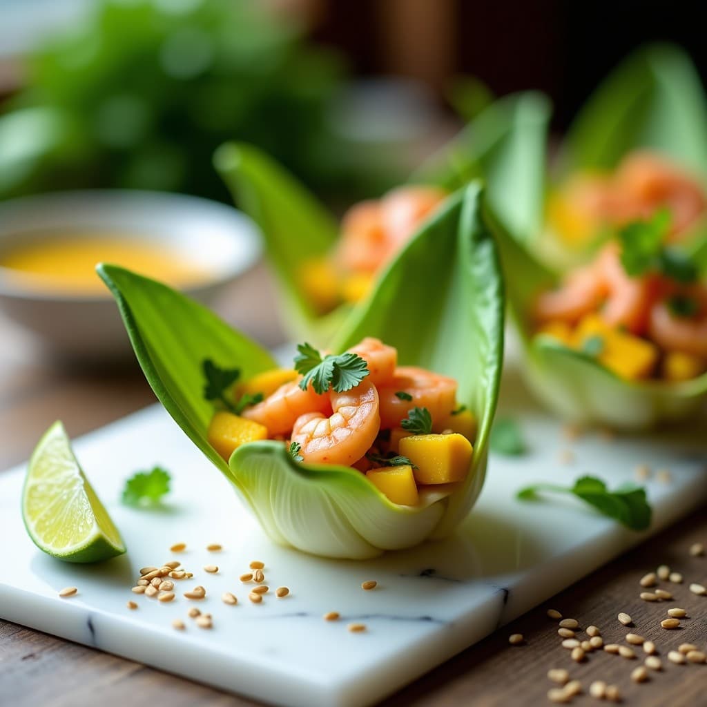 Ceviche de Camarones con Mango y Aguacate en Vasitos de Endibia: Entrante Peruano Elegante