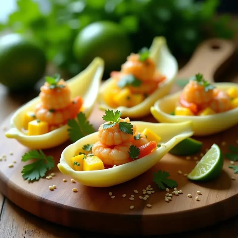 Ceviche de Camarones con Mango y Cilantro en Cucharitas de Endibia: Aperitivo Peruano Sin Gluten