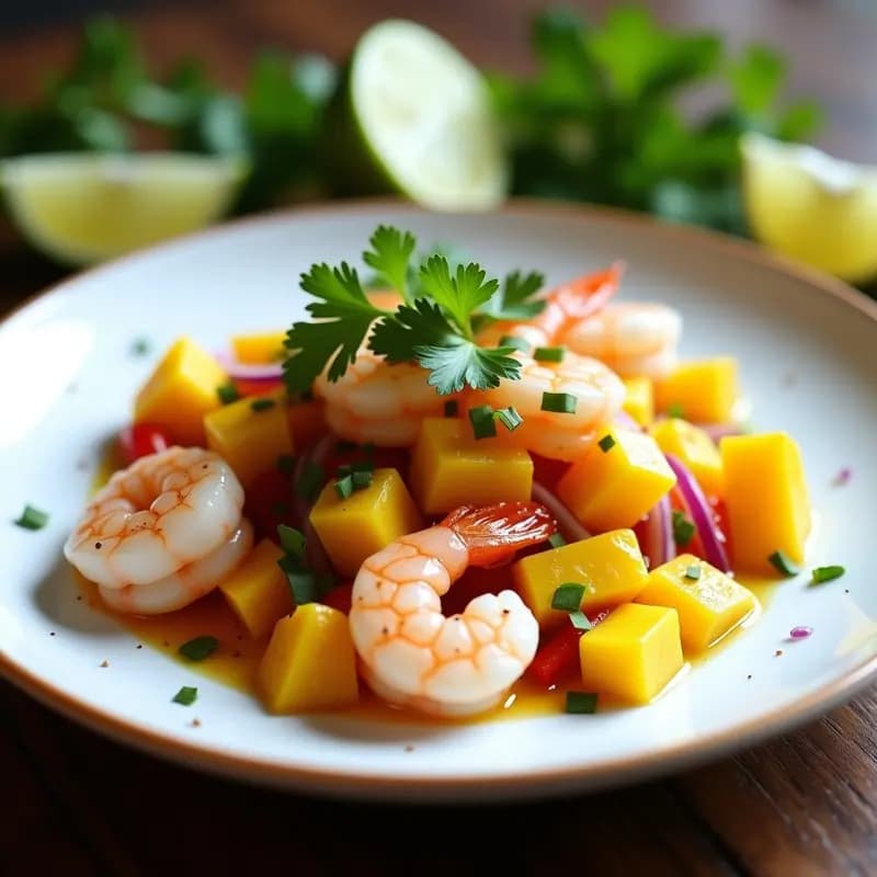 Ceviche de Camarones con Mango y Jengibre: Receta Peruana Cítrica y Sin Lactosa