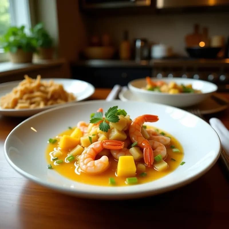Ceviche de Camarones con Mango y Leche de Coco: Receta Tailanda-Peruana Fusionada
