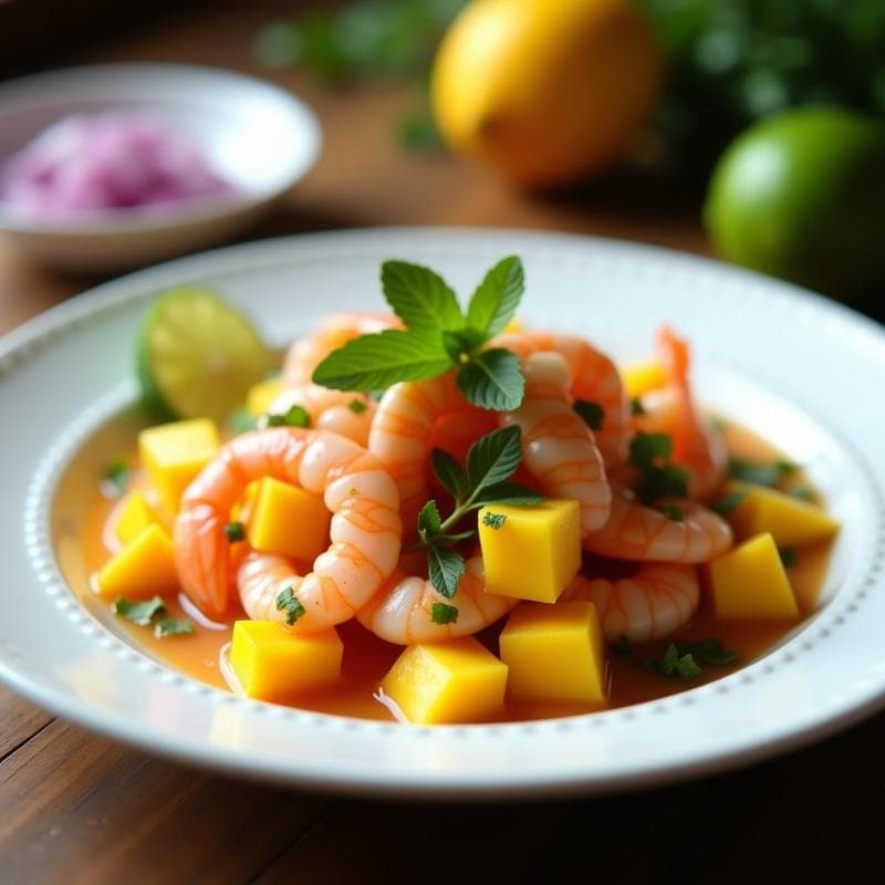 Ceche de Camarones con Mango y Limón: Entrante Peruano Fresco y Picante