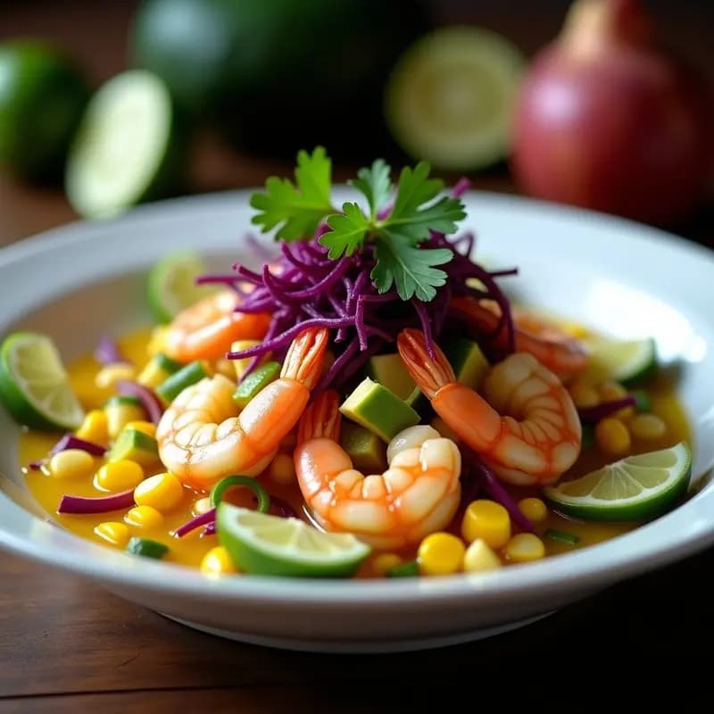 Ceviche de Camarones con Maracuyá y Lechuga Morada: Receta Peruana Dulce y Ácida