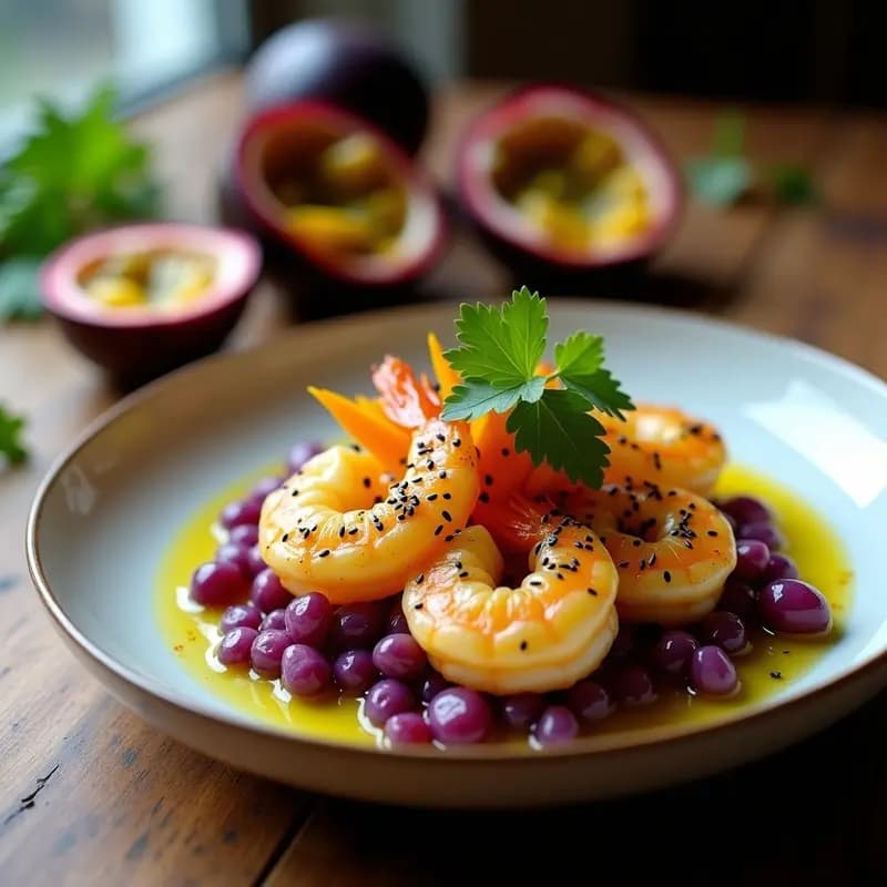 Ceviche de Camarón Peruano con Maracuyá y Maíz Morado: Receta Nikkei en 20 Minutos