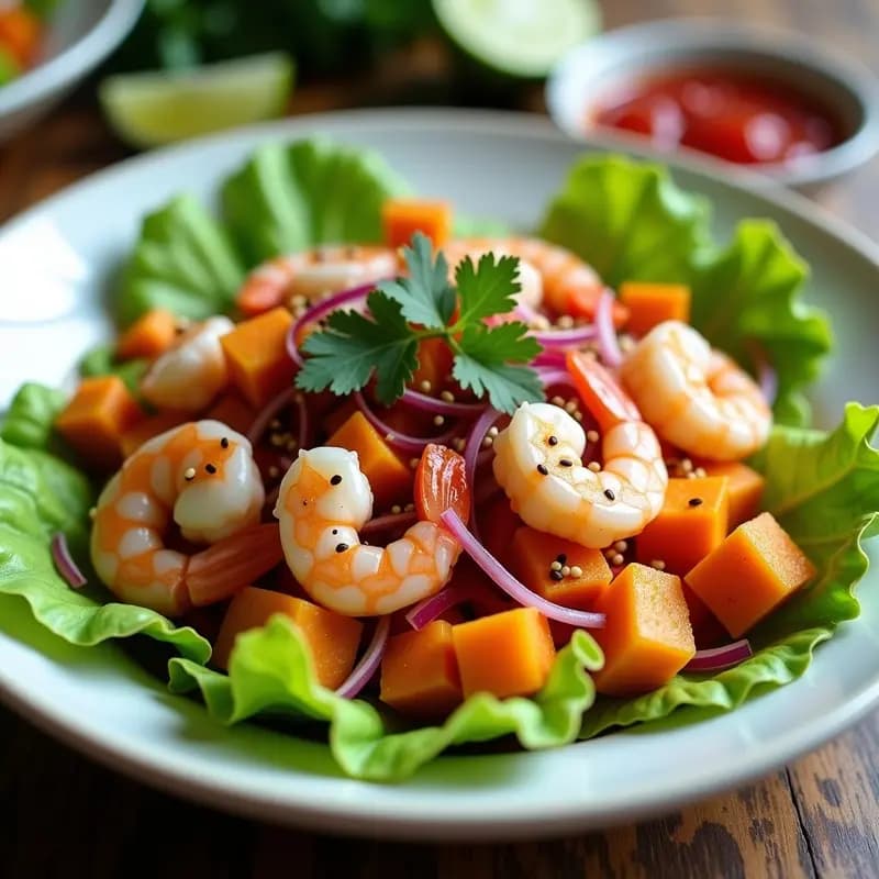 Ceviche de Camarones con Maracuyá y Sweet Potato: Receta Peruana Fusion y Vibrante