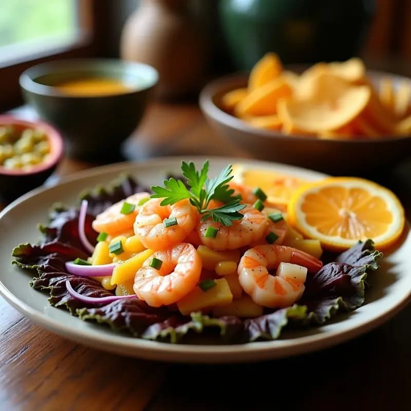 Ceviche de Camarones y Maracuyá con Totopos de Yuca: Receta Peruana Crujiente y Sin Lactosa