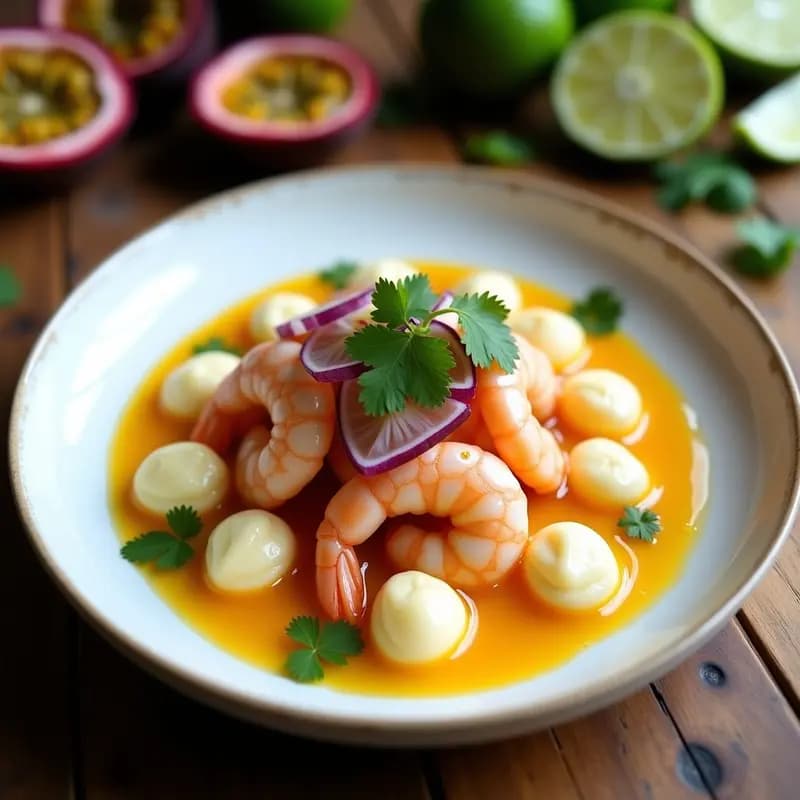 Ceviche de Camarones con Marshmallows de Yuca y Salsa de Maracuyá: Receta Peruana Fusion y Picante
