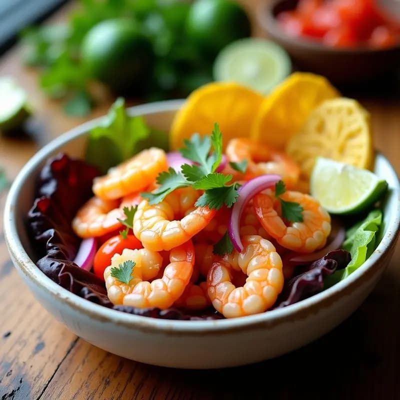 Ceviche de Camarones al Estilo ecuatoriano: Receta fresca con jugo de naranja agria y chifles de plátano verde