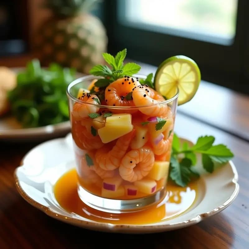 Ceviche de Camarones con Piña y Chile de Árbol: Receta Peruano-Asiática Fusion y Fresca