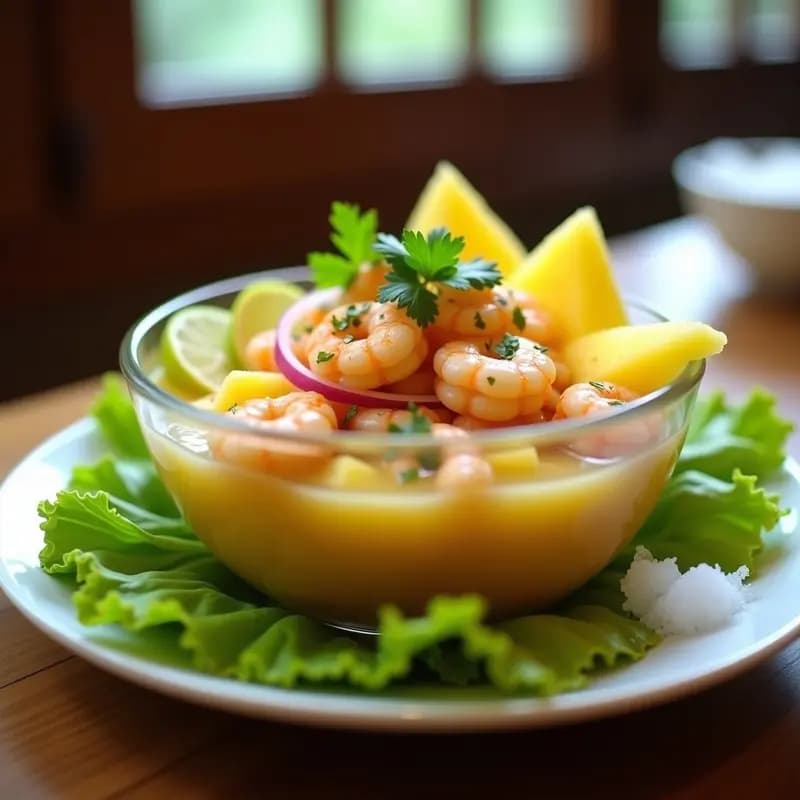 Ceviche de Camarones y Piña: Receta Ecuatoriana con Leche de Tigre de Maracuyá y Cilantro