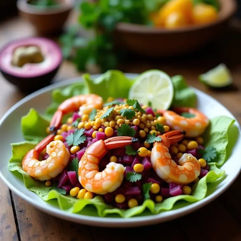Ceviche de Camarones con Tumbo y Maíz Morado: Receta Peruana Gourmet sin Cocción