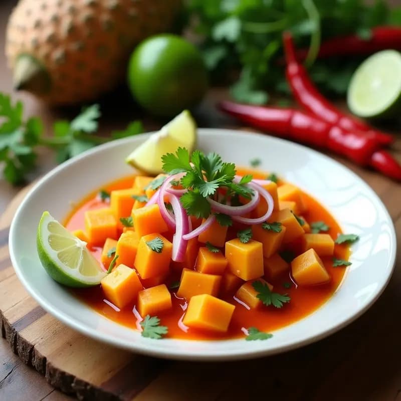 Ceviche de Camote y Piña con Chile de Árbol: Receta Peruana Vegana y Sin Pescado