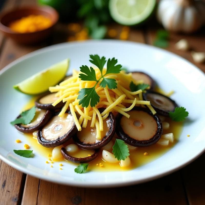 Ceviche de Champiñones y Algodón de Azúcar de Ajo: Receta Vegana con Toque Iraní y Peruano