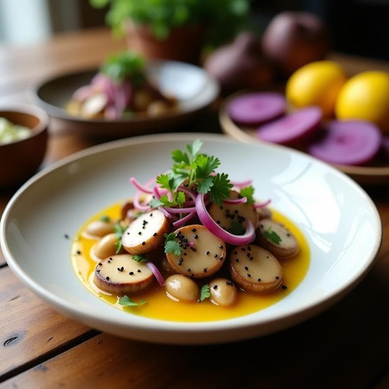 Ceviche de Champiñones Shimeji con Leche de Limón y Cebolla Morada: Receta Japonesa-Peruana Sin Pescado