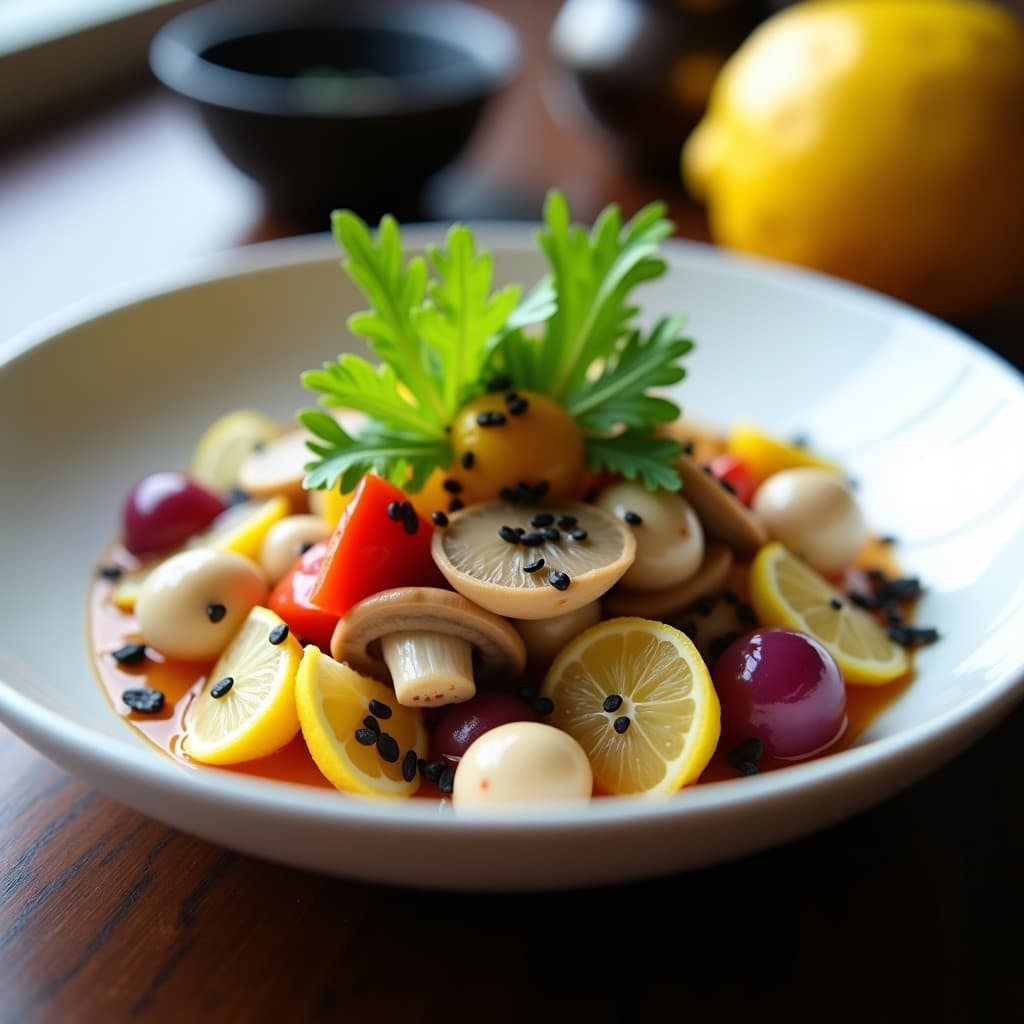 Ceviche de Champiñones Shimeji y Limón Yuzu: Entrante Japonés Vegano y Crudivegano