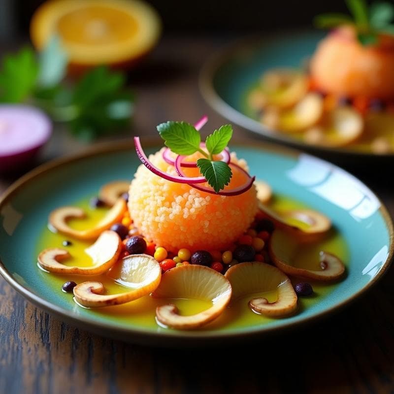 Ceviche de Champiñones Shitake y Algodón de Azúcar de Mango: Receta Vegana Fusion