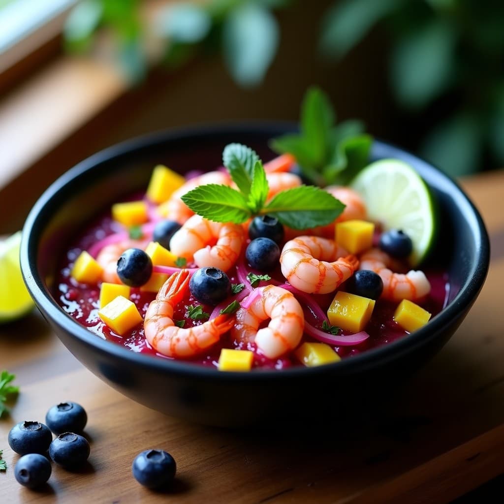 Ceviche de Cocona y Camarón con Leche de Tigre Morada: Receta Peruana con Superalimentos