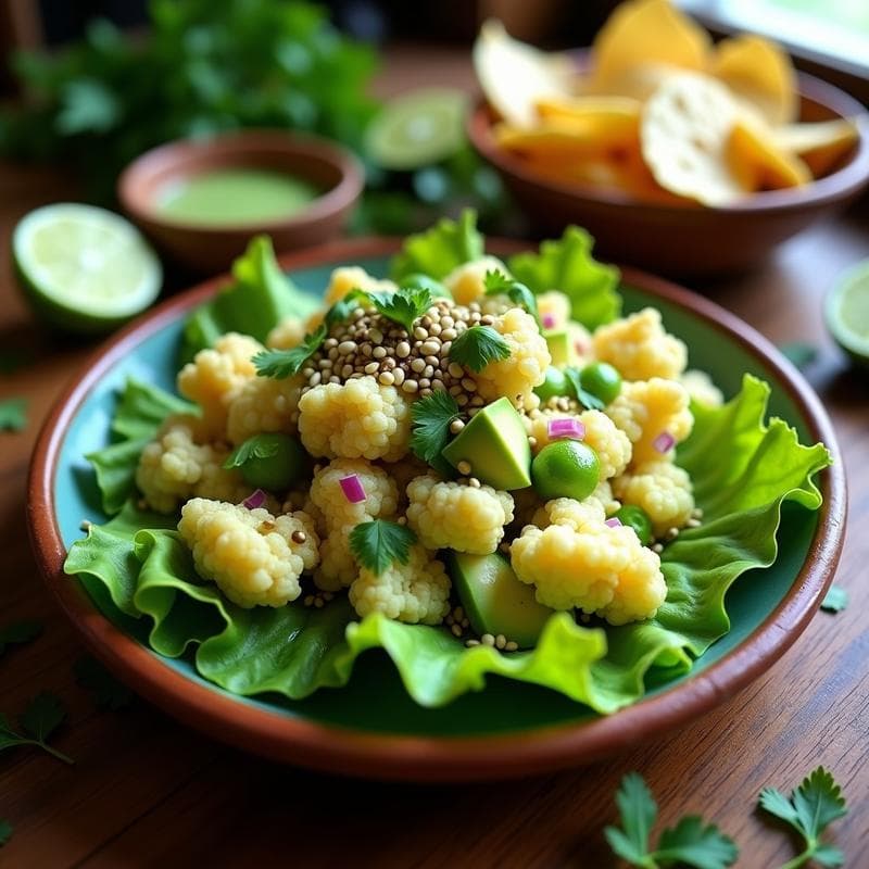 Ceiche de Coliflor y Aguacate con Leche de Tigre de Lima y Cilantro: Receta Vegana Mexicana Sin Cocción