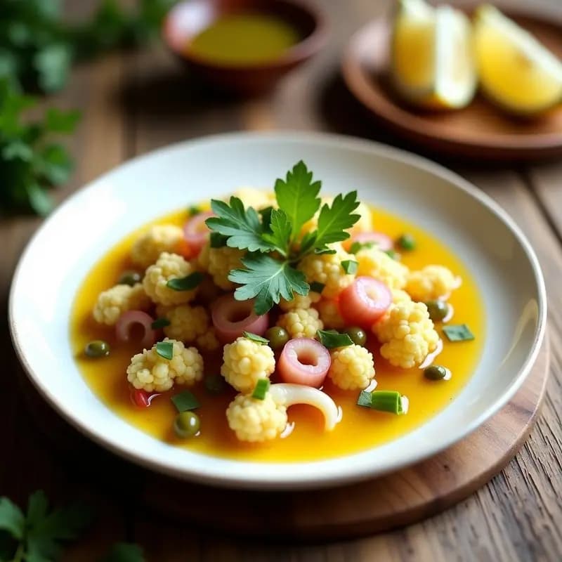 Ceviche de Coliflor y Alamares en Escabeche: Receta Vegana Fusion Peruano-Español