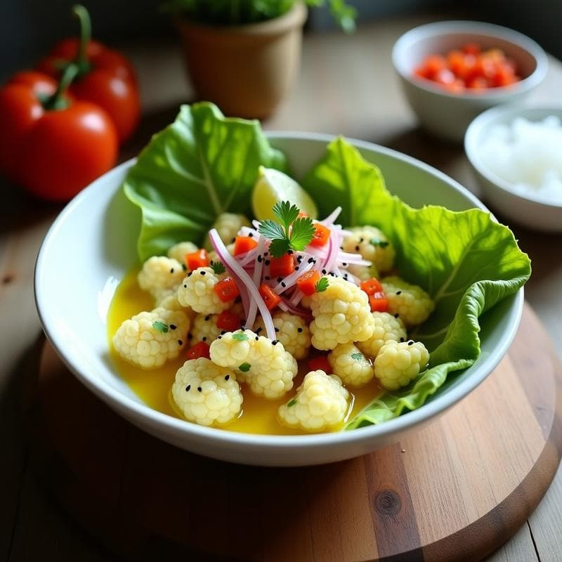 Ceviche de Coliflor con Lechuga de Tigre de Lima y Jengibre: Receta Vegana y Crudivegana