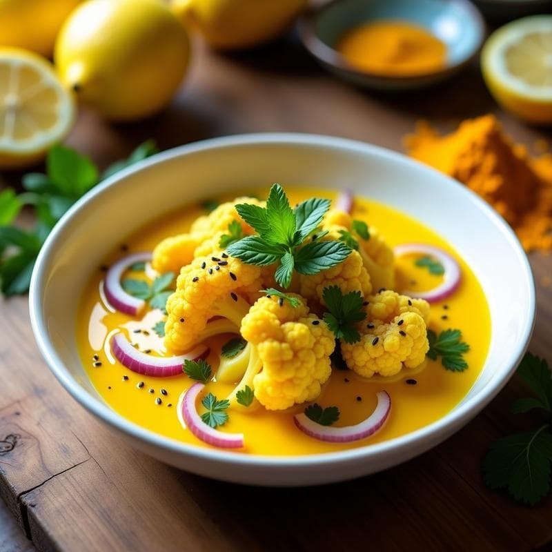 Ceviche de Coliflor y Limón con Leche de Tigre de Cúrcuma: Receta Vegana Crudivegana Sin Cocción