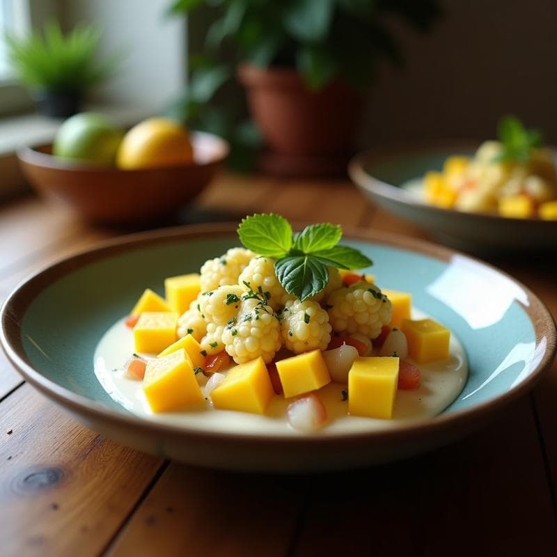 Ceiche de Coliflor y Mango con Leche de Coco: Entrante Vegano Tailandés en 15 Minutos