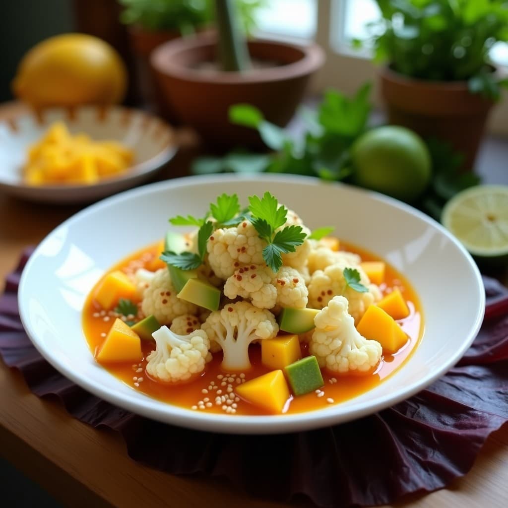 Ceviche de Coliflor y Mango con Leche de Tigre de Lulo: Receta Vegana Colombiano-Peruana