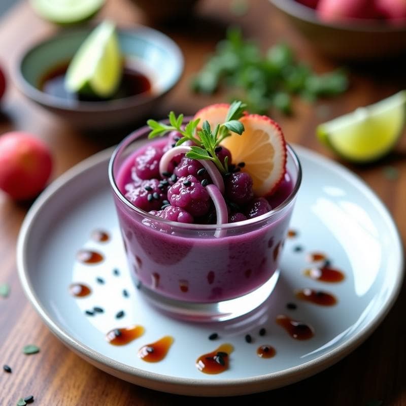 Ceviche de Coliflor Morada y Lichi: Receta Vegana con Toque Chino y Aderezo de Sésamo