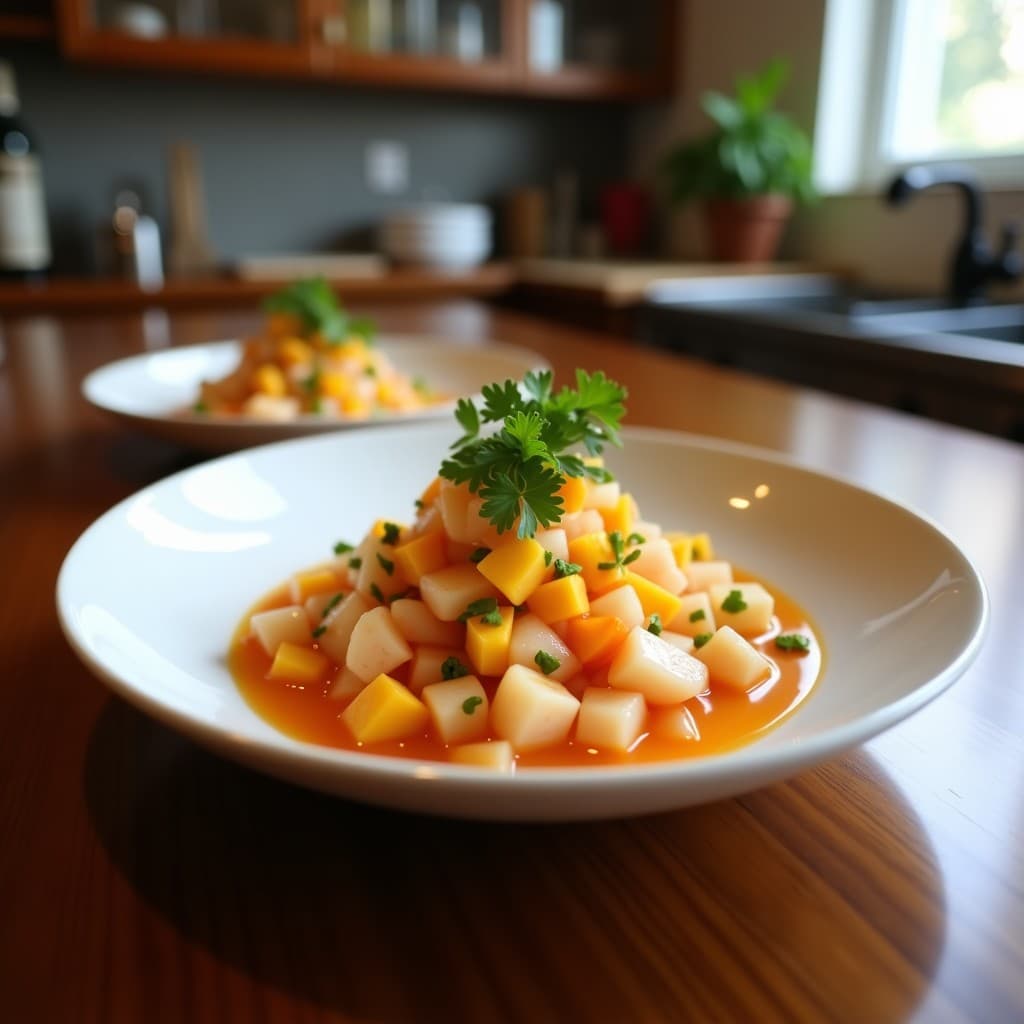 Ceviche de Coral de Camarón y Mango: Receta Peruano-Vietnamita con Lechuga de Tigre