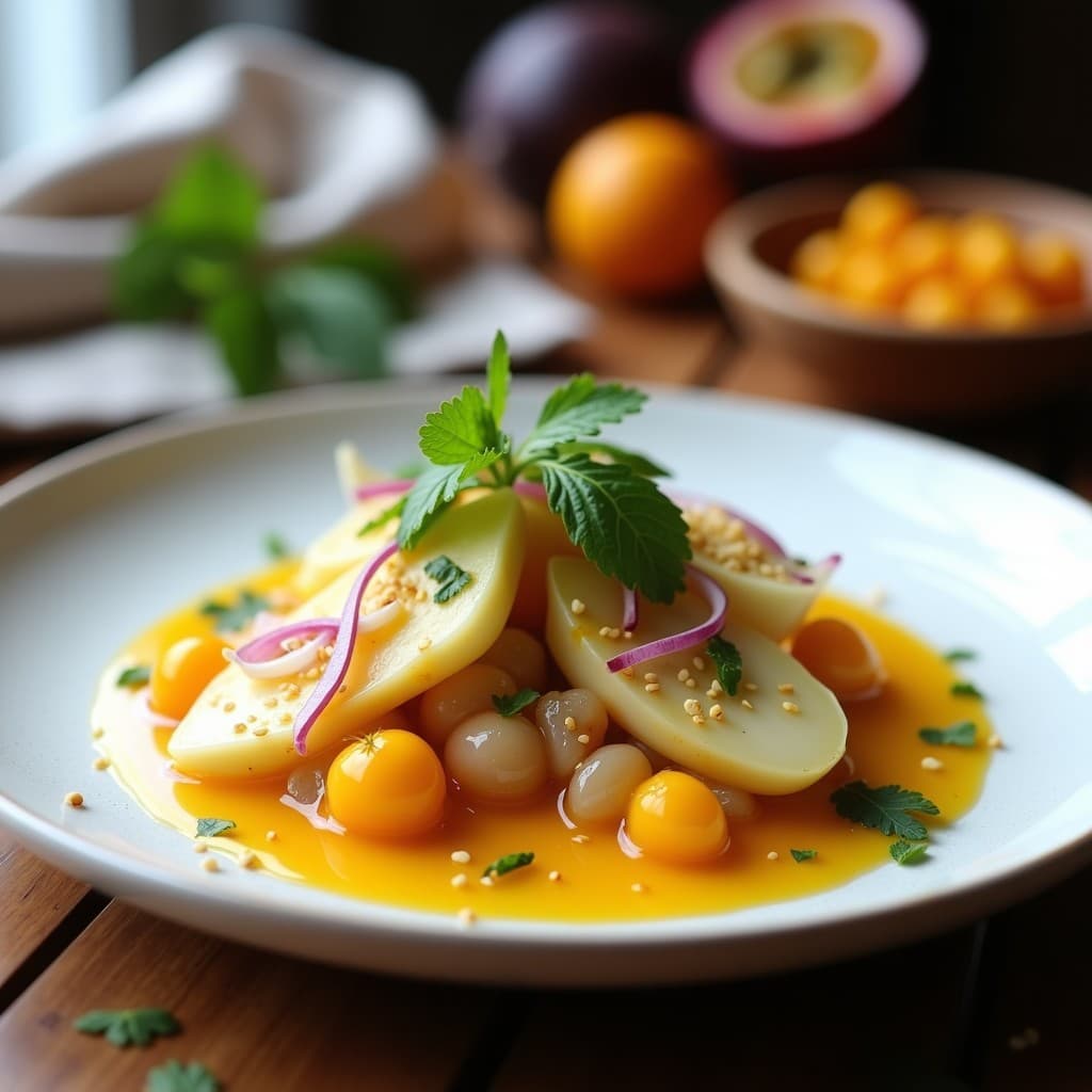 Ceviche de Corazón de Alcachofa y Havtorn con Leche de Tigre de Maracuyá: Receta Nórdica Fusion