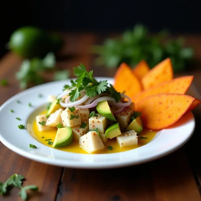 Ceviche de Corvina con Aguacate y Chips de Camote: Receta Peruana Keto y Crujiente
