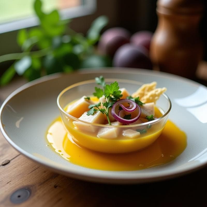 Ceviche de Corvina Ahumada con Leuche de Maracuyá: Receta Chilena Gourmet