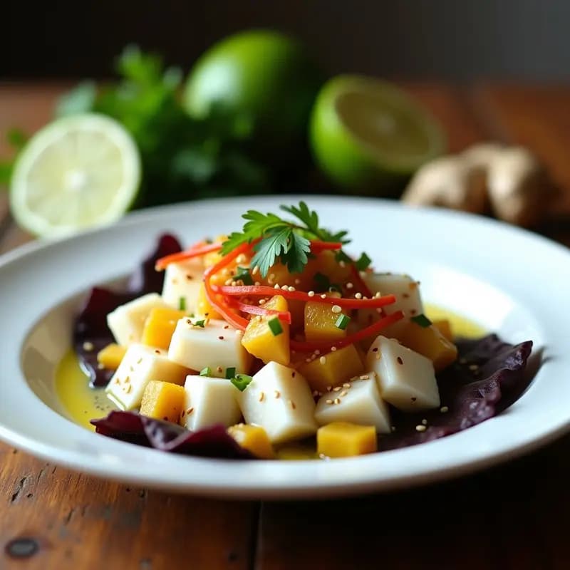 Ceviche de Corvina con Leche de Coconut y Pasas: Receta Peruana Gourmet Sin Cebolla