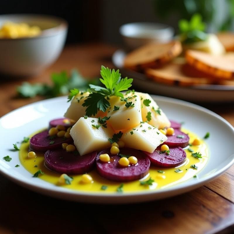 Ceviche de Corvina y Leche de Tigre con Batata Morada: Receta Peruana Crujiente en Airfryer
