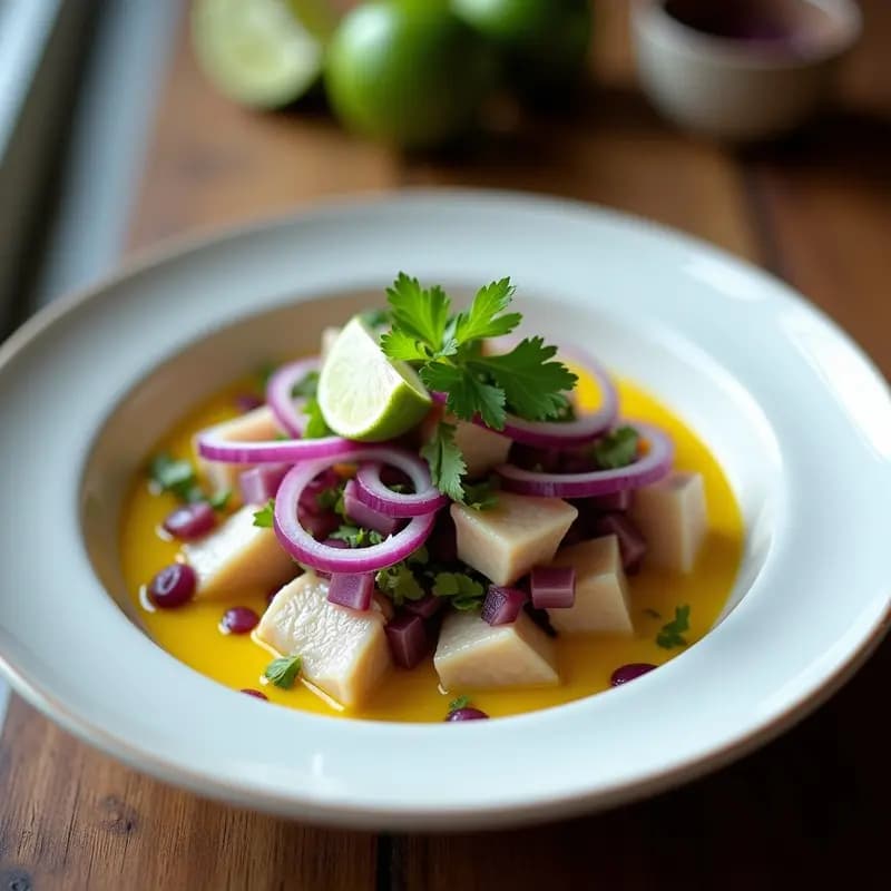 Ceviche Peruano de Corvina con Lechuga de Mar y Camote Morado: Receta Sin Cocción en 15 Minutos