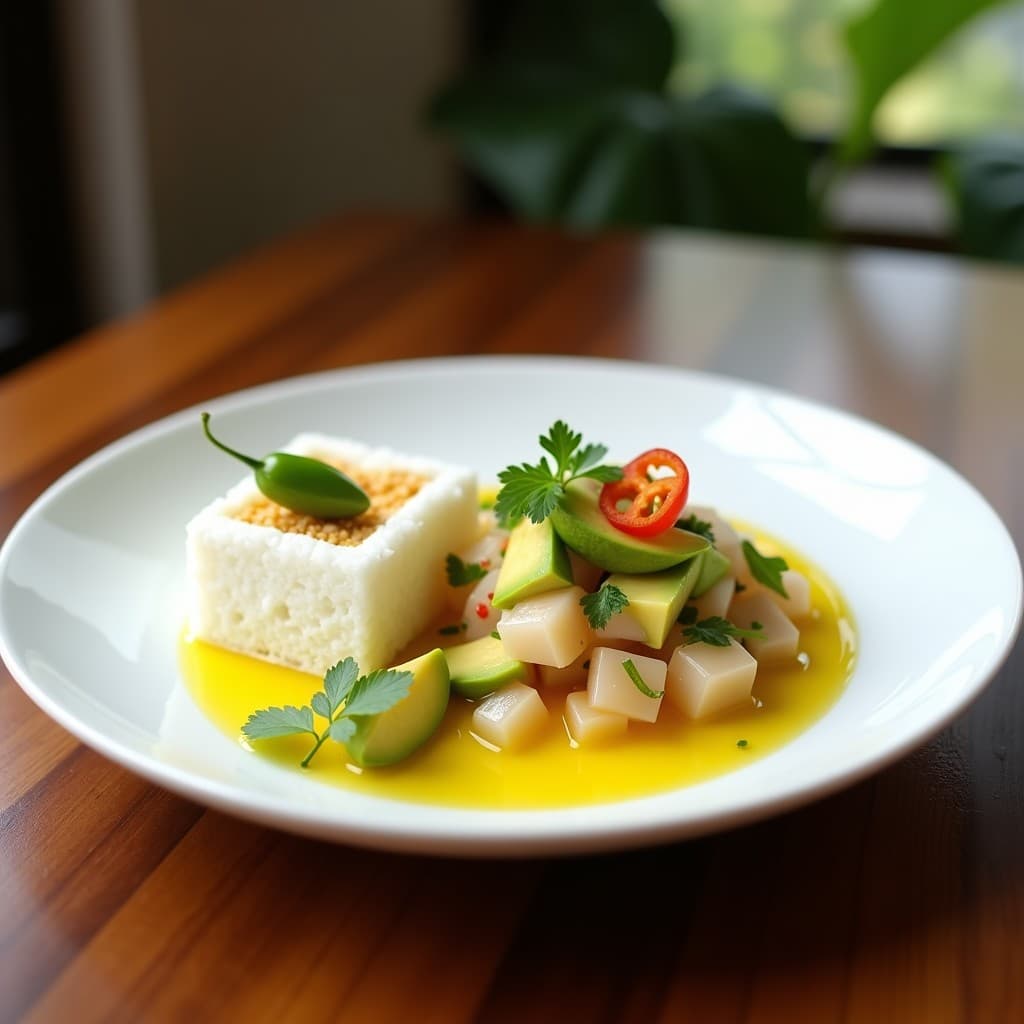 Ceviche de Corvina y Lulo con Bavarois de Coconut: Receta Colombiana Fusion Alta en Omega-3