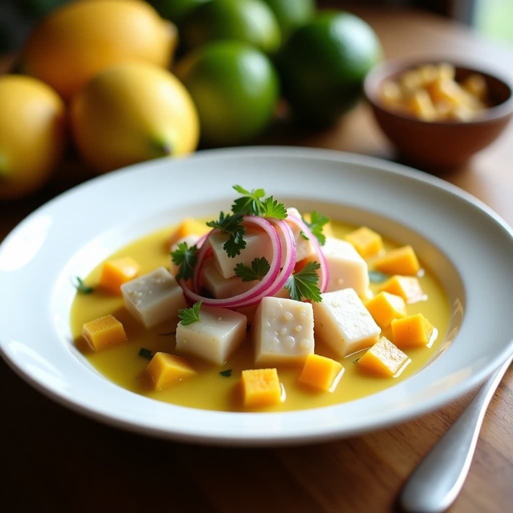 Ceviche de Corvina con Leche de Tigre de Lúuma: Receta Peruana con Fruta Exótica