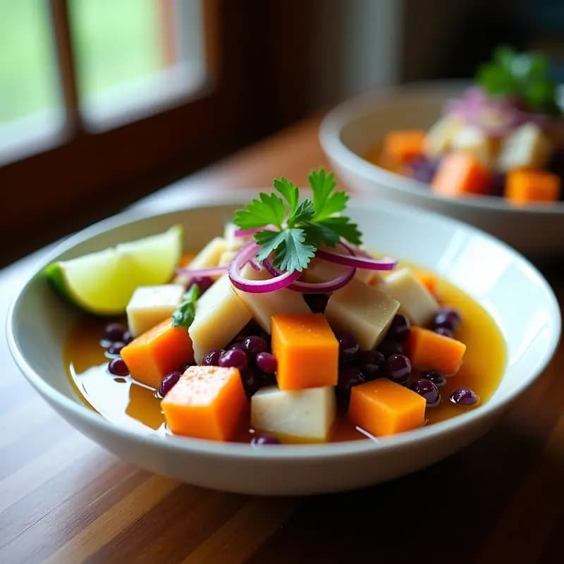 Ceviche Peruano de Corvina con Maíz Morado y Camote Naranja: Receta Tradicional Sin Gluten