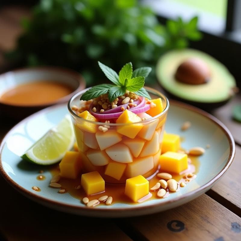 Ceviche de Corvina con Mango y Salsa de Tamarindo: Receta Tailandesa con Toque Ácido