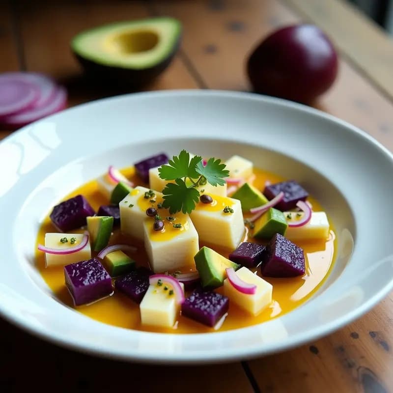 Ceviche de Corvina con Maracuyá y batata Morada: Receta Peruana Fusion Gourmet