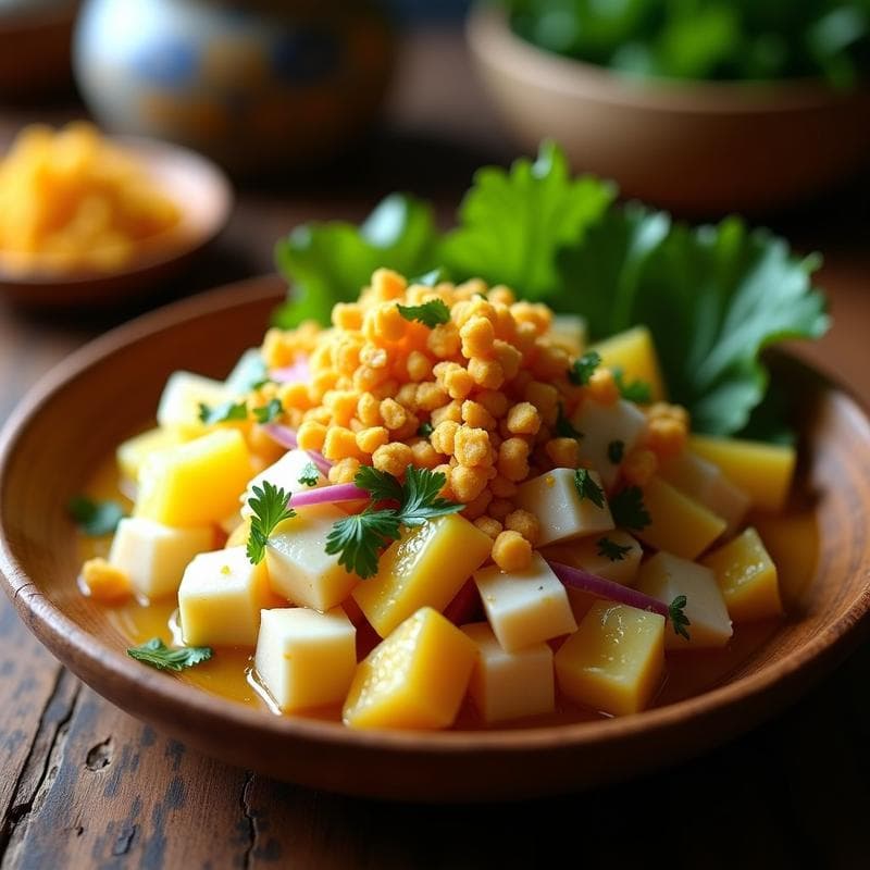 Ceviche de Corvina y Maracuyá con Crocante de Maíz: Receta Peruana con Toque Gourmet