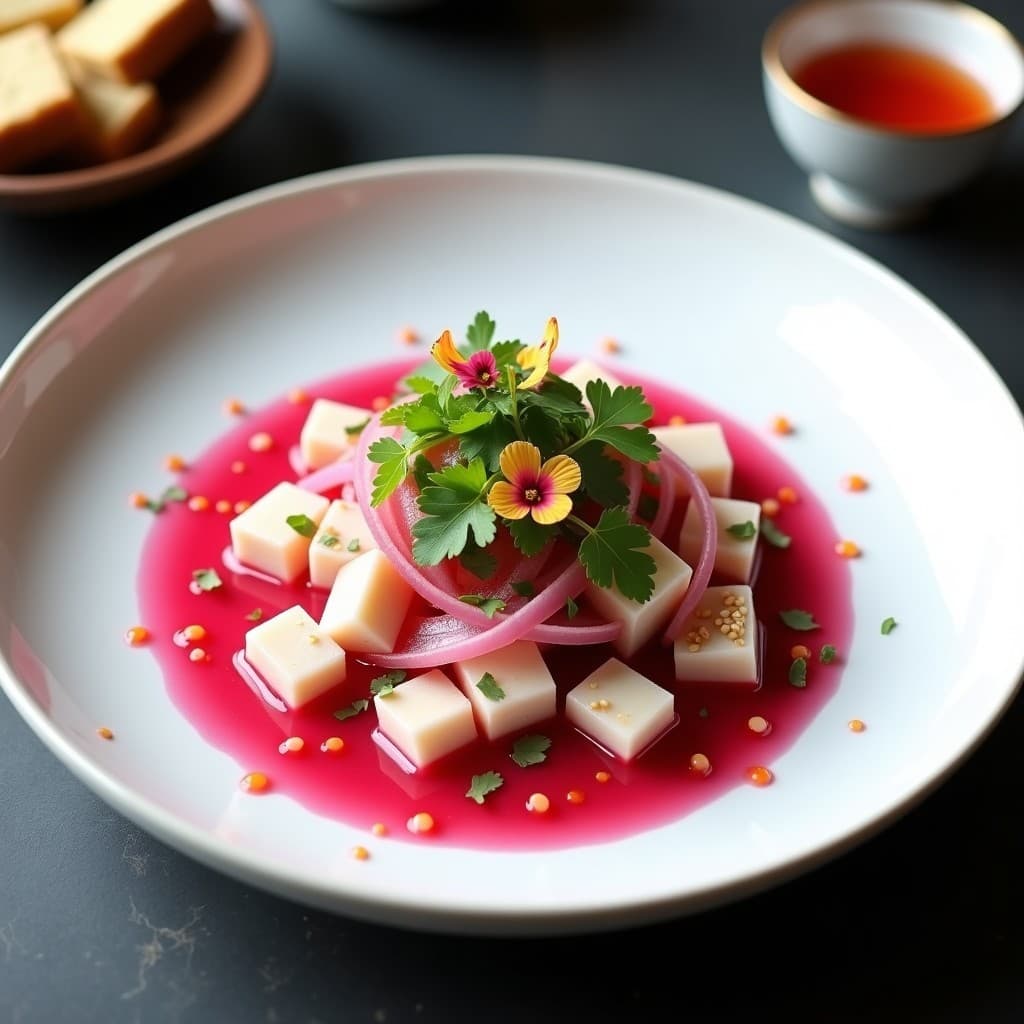 Ceviche de Corvina con Maracuyá y Leche de Tigre Rosa: Receta Nikkei Gourmet Sin Cocción
