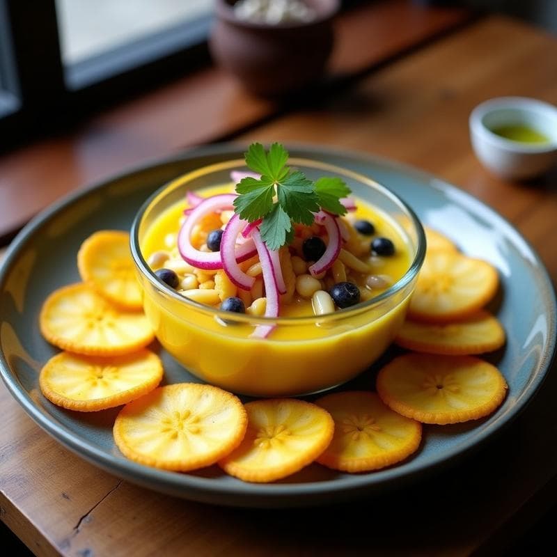 Ceviche de Corvina y Maracuyá con Cruzanos de Plátano Macho: Receta Peruana Crudivegana